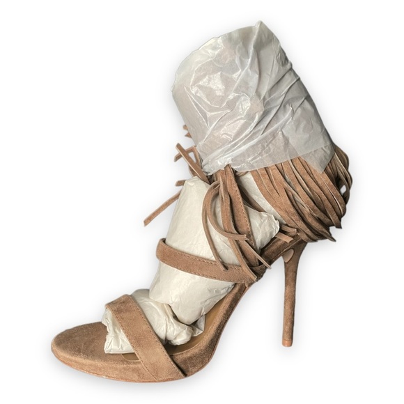 Leon Max Studio Sandals Boho Heels Ankle Fringe Stiletto Suede Genuine Leather 8 - Picture 3 of 9